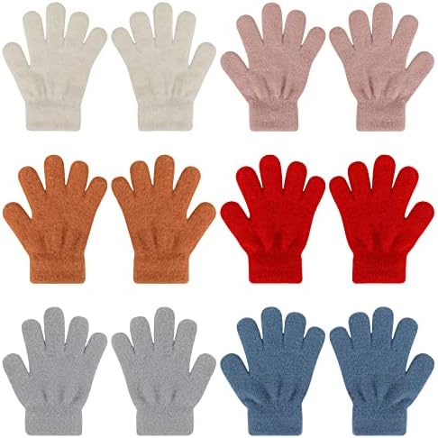 QKURT 6 Pairs of Kids Winter Warm Gloves Solid Color Plush Children's Gloves Full Finger Winter Toddler Gloves Stretch Gloves for Boys and Girls aged 4-10