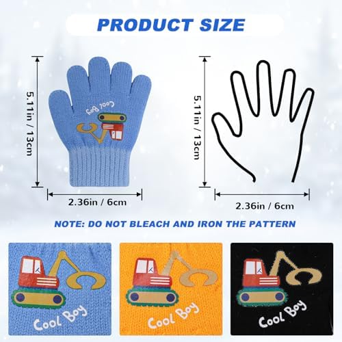 QKURT 6 Pairs Toddler Knitted Gloves Kids Winter Cold-proof Full Finger Stretch Gloves With Excavator Pattern For 2-4 Years Boys Girls