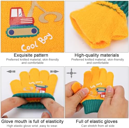 QKURT 6 Pairs Toddler Knitted Gloves Kids Winter Cold-proof Full Finger Stretch Gloves With Excavator Pattern For 2-4 Years Boys Girls