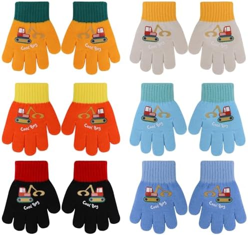 QKURT 6 Pairs Toddler Knitted Gloves Kids Winter Cold-proof Full Finger Stretch Gloves with Excavator Pattern for 2-4 Years Boys Girls
