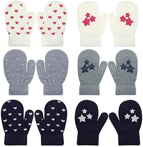 QKURT 6 Pairs Toddler Magic Stretch Mittens Unisex Knit Mitten Kids Mitten Winter Mittens Children Winter Gloves Warm Gloves for Boys Girls 1-4 Year Daily Wear