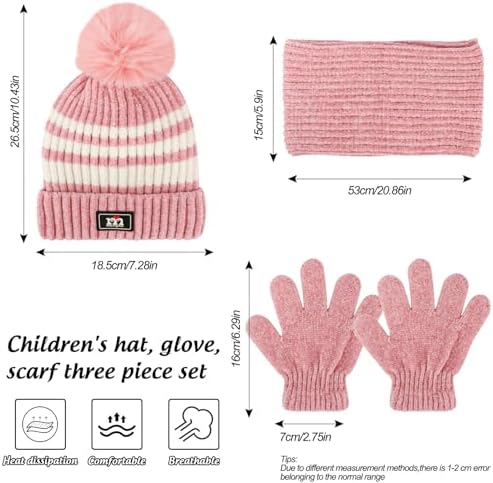 QKURT Children Beanie Hat Scarf Glove Set Kids Winter Warm Knitted Set Stripe Thermal Cap With Pom Hairball Neck Warmer Gloves Soft Hat Scarf Mitten For 5-12 Years Old