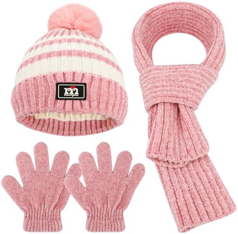 QKURT Children Beanie Hat Scarf Glove Set Kids Winter Warm Knitted Set Stripe Thermal Cap With Pom Hairball Neck Warmer Gloves Soft Hat Scarf Mitten For 5-12 Years Old