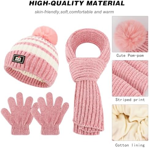 QKURT Children Beanie Hat Scarf Glove Set Kids Winter Warm Knitted Set Stripe Thermal Cap With Pom Hairball Neck Warmer Gloves Soft Hat Scarf Mitten For 5-12 Years Old