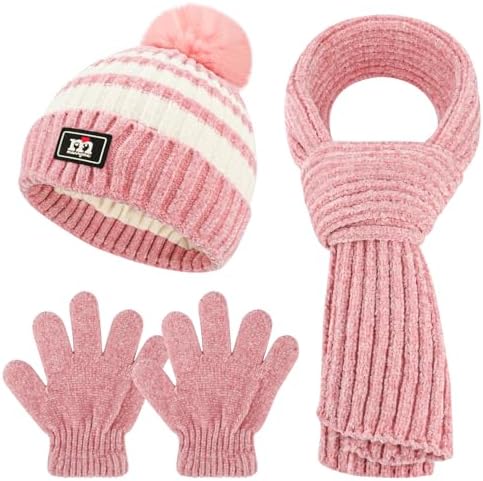 QKURT Children Beanie Hat Scarf Glove Set Kids Winter Warm Knitted Set Stripe Thermal Cap with Pom Hairball Neck Warmer Gloves Soft Hat Scarf Mitten for 5-12 Years Old