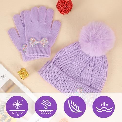 QKURT Girls Beanie Winter Hat And Mittens Set Warm Accessories For Toddler Knitted Cold Weather Kids Thermal Hat And Gloves
