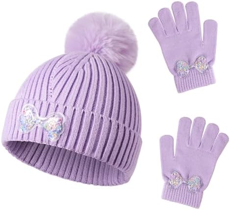 QKURT Girls Beanie Winter Hat and Mittens Set Warm Accessories for Toddler Knitted Cold Weather Kids Thermal Hat and Gloves