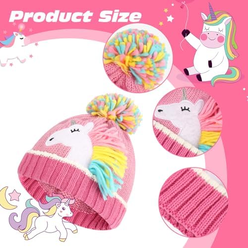QKURT Kid’s Stretchy Beanie Hat Mittens Set Toddler Winter Knitted Cap With Pom Pom Thermal Gloves Set 2 In 1 Unicorn Cold Weather Accessories For Girls