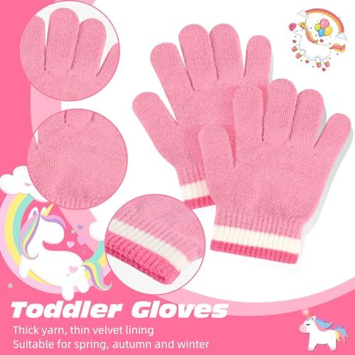 QKURT Kid’s Stretchy Beanie Hat Mittens Set Toddler Winter Knitted Cap With Pom Pom Thermal Gloves Set 2 In 1 Unicorn Cold Weather Accessories For Girls