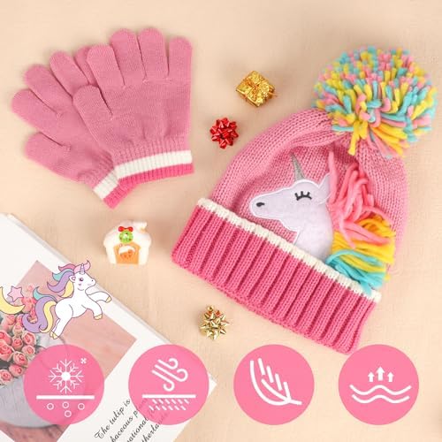 QKURT Kid’s Stretchy Beanie Hat Mittens Set Toddler Winter Knitted Cap With Pom Pom Thermal Gloves Set 2 In 1 Unicorn Cold Weather Accessories For Girls