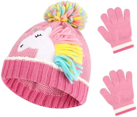QKURT Kid’s Stretchy Beanie Hat Mittens Set Toddler Winter knitted Cap with Pom Pom Thermal Gloves Set 2 in 1 Unicorn Cold Weather Accessories for Girls