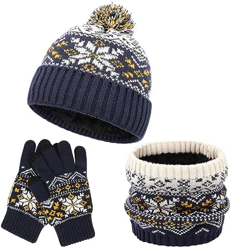 QKURT Kids Winter Beanie Hats Snood Gloves Set 3 in 1 Thickening Soft Thermal Knitted Beanie Hats with Pom Pom Neck Warmer Magic Gloves Accessories Sets for Boys Girls