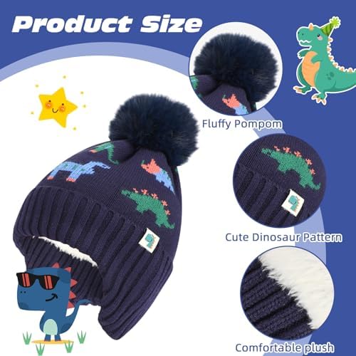 QKURT Kids Winter Knitted Hat And Scarf Set Thickening Soft Warm Knitted Beanie Hats Neck Warmer Set With Dinosaur Pattern For 2-6 Years Boys Girls