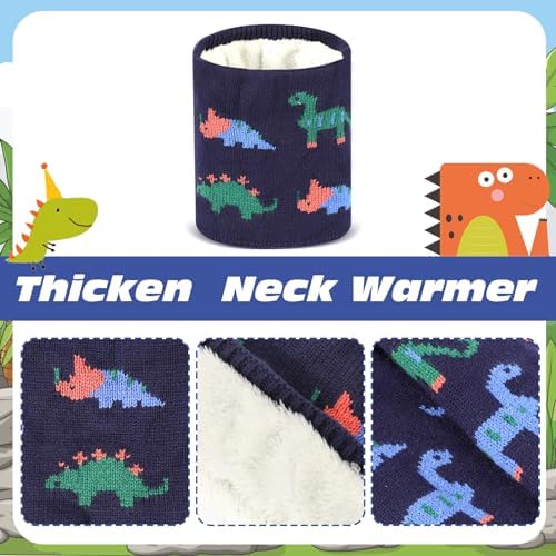 QKURT Kids Winter Knitted Hat And Scarf Set Thickening Soft Warm Knitted Beanie Hats Neck Warmer Set With Dinosaur Pattern For 2-6 Years Boys Girls