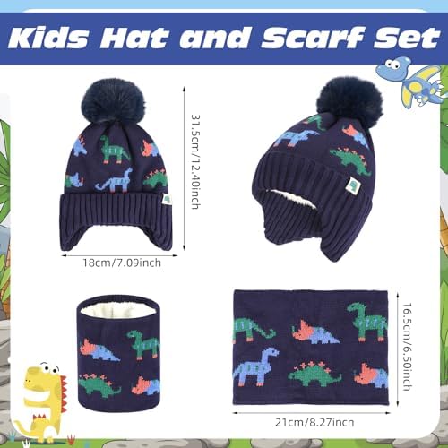 QKURT Kids Winter Knitted Hat And Scarf Set Thickening Soft Warm Knitted Beanie Hats Neck Warmer Set With Dinosaur Pattern For 2-6 Years Boys Girls