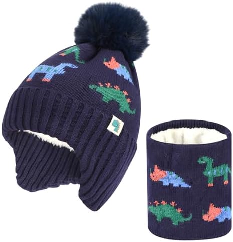 QKURT Kids Winter Knitted Hat And Scarf Set Thickening Soft Warm Knitted Beanie Hats Neck Warmer Set With Dinosaur Pattern For 2-6 Years Boys Girls