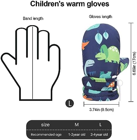 QKURT Winter Waterproof Kids Gloves Windproof Children Gloves Cold Weather Dinosaur Glove Snow Ski Toddler Glove For Boys Girls Aged 1-4 Years M:1-2Years L:2-4Years