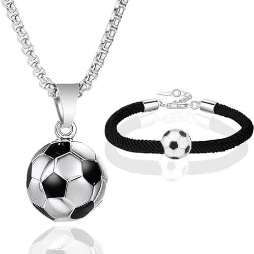 QttvbTna Football Stainless Steel Necklace and Bracelet Soccer Pendant Necklace Silver and Fashion Football Drip Bracelet for Soccer Lovers Daughter Son Gifts