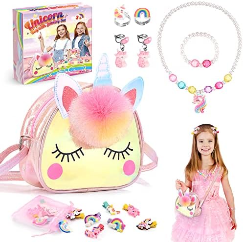 Qukir Unicorn Gifts: Crossbody Bag & Jewelry Set for Girls Age 3-10