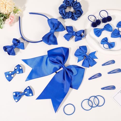 Radsocken 48Pcs Girls School Hair Accessories Kit Royal Blue Bow Hair Clips Headband Ponytail Holder Elastics Bands Ribbon Hair Barrettes Hair Accessories For Girls Birthday Gift(Rblue)
