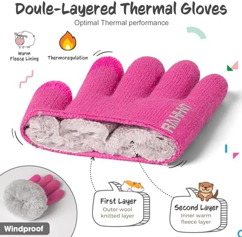 Rahhint Wool Kids Gloves For Boys Girls Winter Thermal Double Knit Gloves With Insulated Fleece Lined Keep Hand Warm Children Toddler Gift 3-15 Years