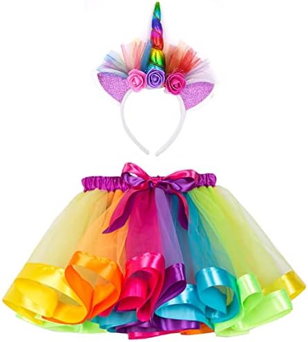 Rainbow Unicorn Tutu Skirt Girls Unicorn Headband Outfits for Kids Girls Birthday Party Gifts Princess Dress Up Ballet Dance Skirt Set