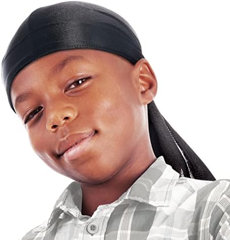 Red by Kiss Kids Sating Durags Powerwave Kids Durags Long Tail and Wide Strap Headwraps Beanies Black