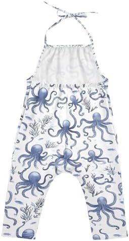 Reiacy Blue Octopus Sea Toddler Girl Dungarees Jeans Loose Cotton Jumpsuit For Little & Big Kids 1-6 Yrs