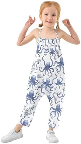 Reiacy Blue Octopus Sea Toddler Girl Dungarees Jeans Loose Cotton Jumpsuit For Little & Big Kids 1-6 Yrs