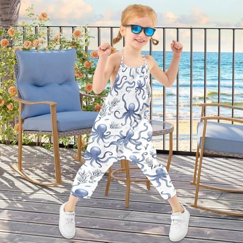 Reiacy Blue Octopus Sea Toddler Girl Dungarees Jeans Loose Cotton Jumpsuit For Little & Big Kids 1-6 Yrs