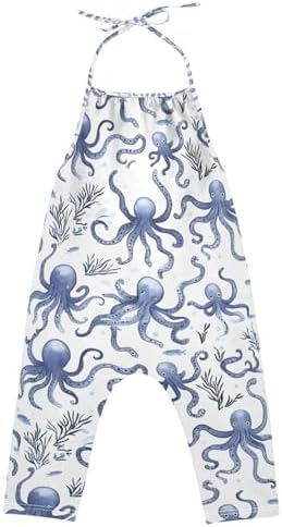 Reiacy Blue Octopus Sea Toddler Girl Dungarees Jeans Loose Cotton Jumpsuit for Little & Big Kids 1-6 Yrs