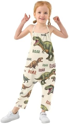 Reiacy Dino Words Toddler Girl Dungarees Jeans Loose Cotton Jumpsuit For Little & Big Kids 1-6 Yrs