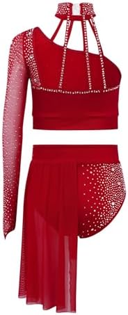 Renvena Two Piece Lyrical Costume For Girls Dance Outfit Sparkle Ballet Leotard Dress Crop Tops Skirt Sets