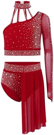 renvena Two Piece Lyrical Costume for Girls Dance Outfit Sparkle Ballet Leotard Dress Crop Tops Skirt Sets