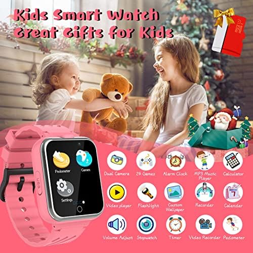Retysaz Kids Smart Watch 24 Game Smart Watch For Kids Pedometer 2 HD Cameras Fashion Smartwatches For Children 3-14 Great Gifts To Girls Boys(Pink)