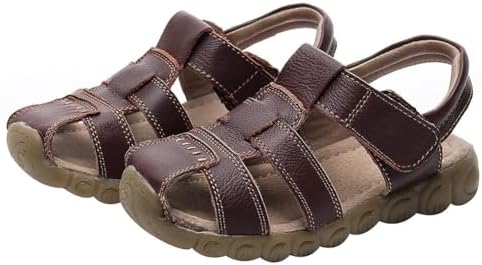 Rismart Boy's Leather Sandals Closed Toe Hiking Sports Outdoor Hollow Shoes