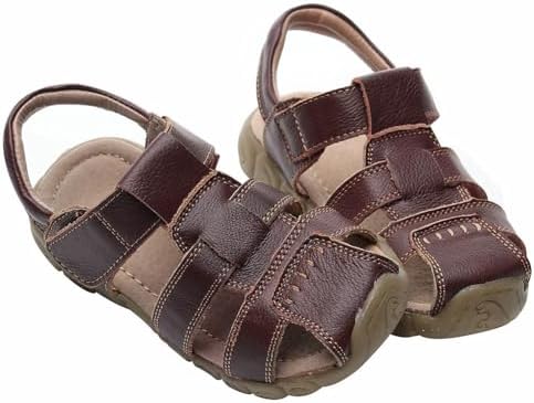 Rismart Boy's Leather Sandals Closed Toe Hiking Sports Outdoor Hollow Shoes