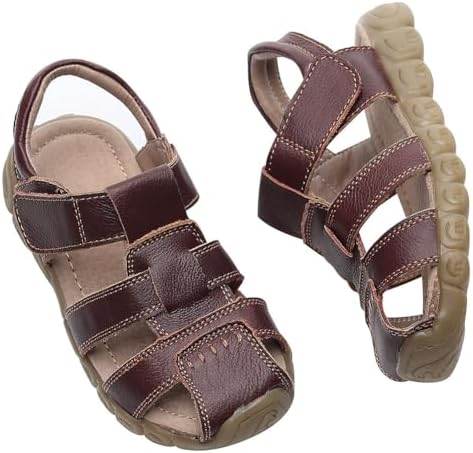 Rismart Boy's Leather Sandals Closed Toe Hiking Sports Outdoor Hollow Shoes