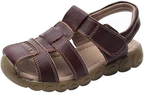 rismart Boy's Leather Sandals Closed Toe Hiking Sports Outdoor Hollow Shoes