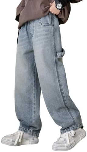 Rolanko Boys Baggy Jeans Elasticated Waist Cargo Bootleg Skater Jeans with Multipockets Vintage Streetwear Denim Pants for Kids