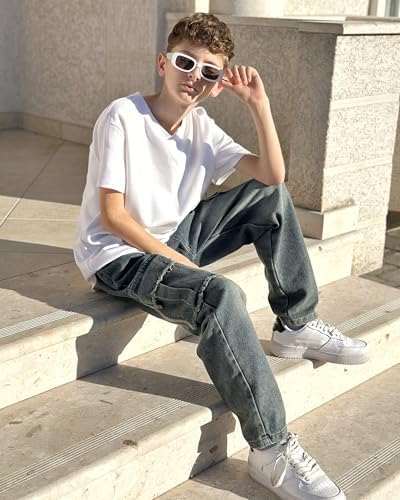 Rolanko Boys Ripped Elasticated Waist Jeans Tapered Leg Design Retro Denim Pants With Pockets For Kid Fit