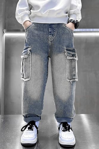 Rolanko Boys Ripped Elasticated Waist Jeans Tapered Leg Design Retro Denim Pants With Pockets For Kid Fit