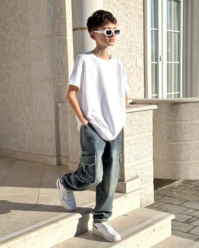 Rolanko Boys Ripped Elasticated Waist Jeans Tapered Leg Design Retro Denim Pants With Pockets For Kid Fit