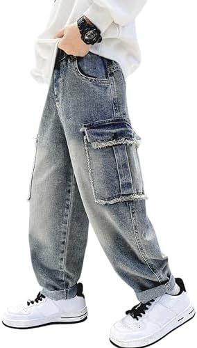 Rolanko Boys Ripped Elasticated Waist Jeans Tapered Leg Design Retro Denim Pants With Pockets For Kid Fit