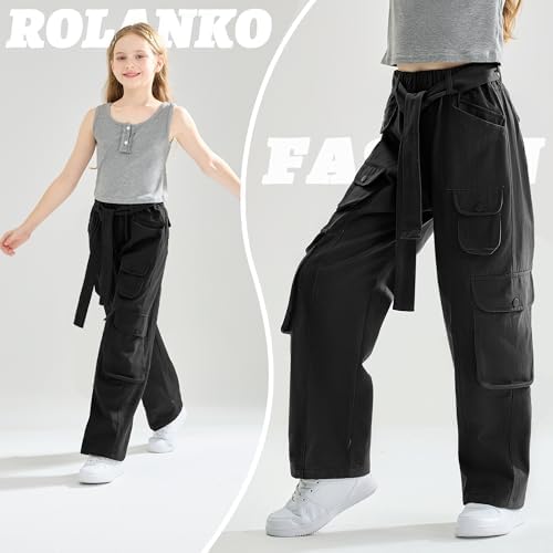 Rolanko Girls Baggy Cargo Jeans Elastic High Waist Wide Leg Trousers Y2K Denim Pants With Multi Pockets