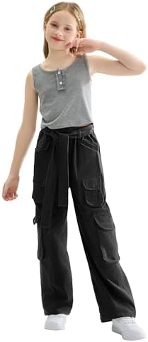 Rolanko Girls Baggy Cargo Jeans Elastic High Waist Wide Leg Trousers Y2K Denim Pants With Multi Pockets