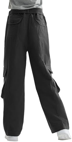 Rolanko Girls Baggy Cargo Jeans Elastic High Waist Wide Leg Trousers Y2K Denim Pants With Multi Pockets