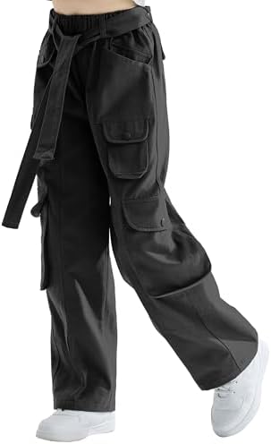 Rolanko Girls Baggy Cargo Jeans Elastic High Waist Wide Leg Trousers Y2K Denim Pants with Multi Pockets