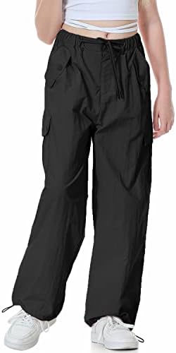 Rolanko Girls Baggy Cargo Parachute Trousers Y2K Vintage Joggers With Adjustable Elastic Waist For Kids Fit
