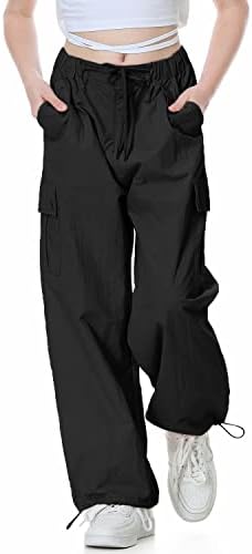 Rolanko Girls Baggy Cargo Parachute Trousers Y2K Vintage Joggers With Adjustable Elastic Waist For Kids Fit